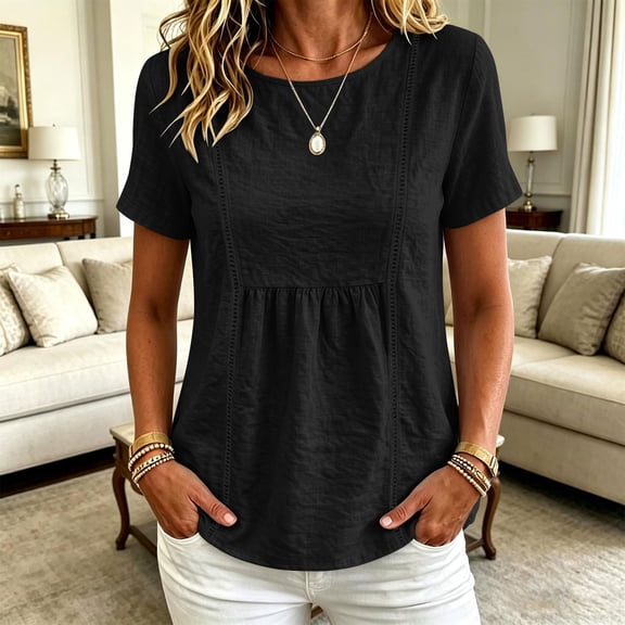 Yrmaups Loose Fit Short Sleeve T Shirt for Women Plus Size, Casual Round Neck Blouse, Everyday Soft Stretch Tee for Party Travel Office Daily Wear, Black 2XL