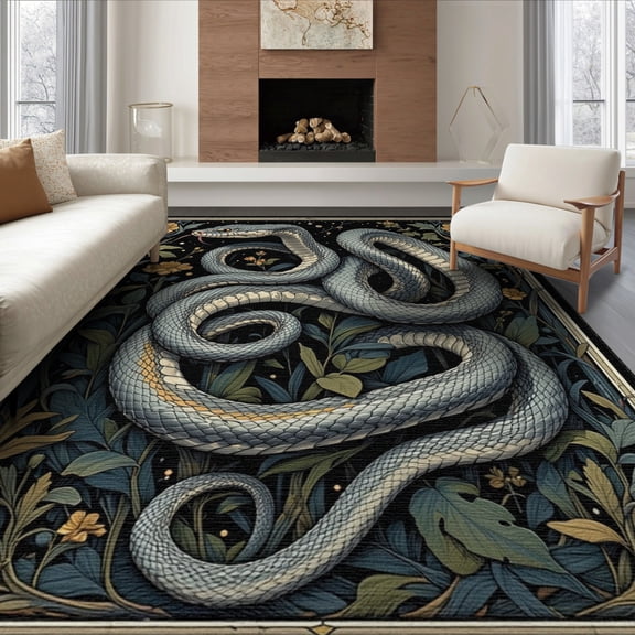 ODIKA 8'x10' Washable Area Rug Non-Slip Chair-Friendly Mat Snake Moody Abstract Gothic Serpent Vintage Scroll Coiled Border for Dining Room, Large Office, Lounge