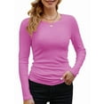 thumbnail image 1 of Womens Ribbed Long Sleeve Crewneck Casual Slim Basic Shirts Fitted Knit Tops Bright Pink XXL, 1 of 6