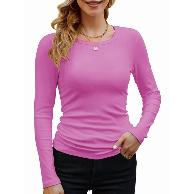 Womens Ribbed Long Sleeve Crewneck Casual Slim Basic Shirts Fitted Knit Tops Bright Pink M