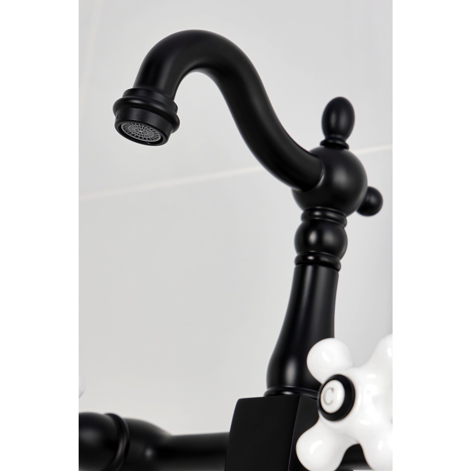 Kingston Brass KS2440PXBS Heritage Double-Handle Wall-Mount Bridge Kitchen Faucet with Brass Sprayer, Matte Black
