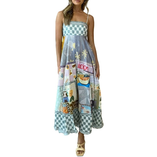 Gupgi Robe Longue à Bretelles pour Femme, Ample, Sans Manches, à Fines Bretelles, Fluide, Style Bohème, Robe Soleil Colorée à Graffitis