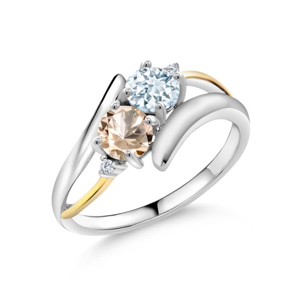 Gem Stone King 0.92 Ct Sky Blue Aquamarine Peach Morganite 925 Silver and 10K Yellow Gold Lab Grown Diamond Two Stone Crossover Ring (Size 5)