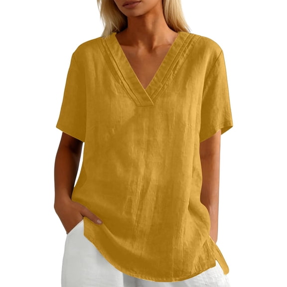 IWRICH Linen V Neck T Shirts for Women Summer Casual Short Sleeve Tunic Tops Comfy Solid Color Loose Fit Basic Tees Yellow XL