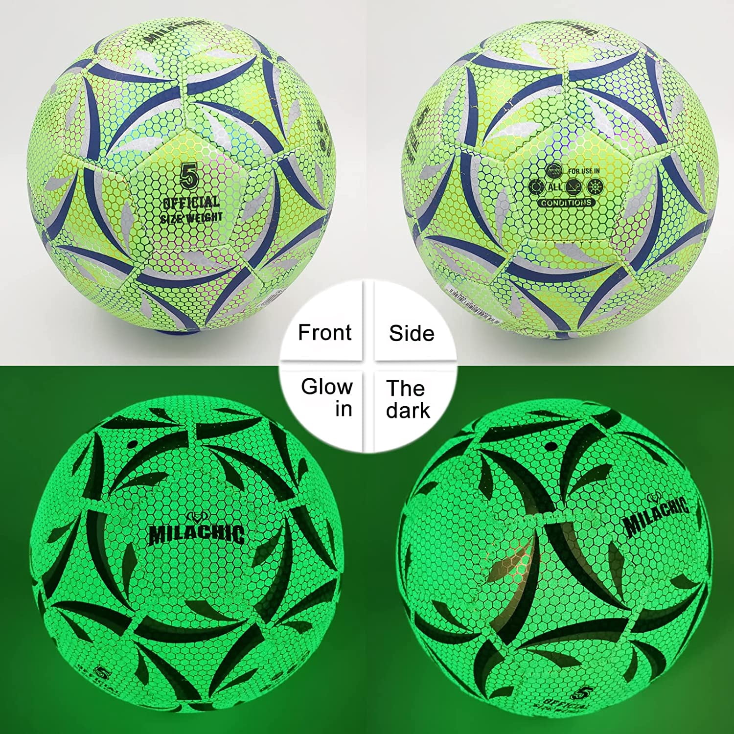 Soccer Ball, Glow in The Dark Soccer Ball Size 3 / 4 / 5, MILA CHIC Glowing Luminious Soccer Balls Gifts for Boys, Girls, Men, Women Indoor-Outdoor Soccer Training (with Pump)