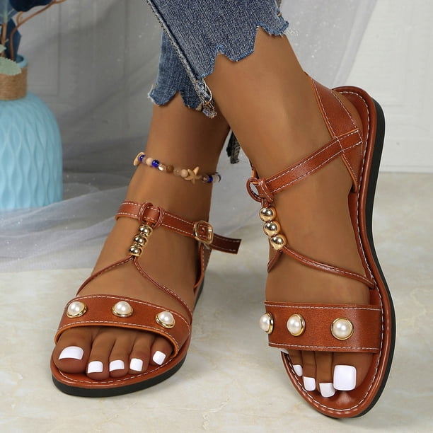 WILLBEST Sandalias De Playa Para Mujer, Sandalias De Verano Para Mujer, Tacón Bajo, Informales, Decoradas Con Perlas, Calzado Cómodo Para Uso Diario, Salidas Y Citas.