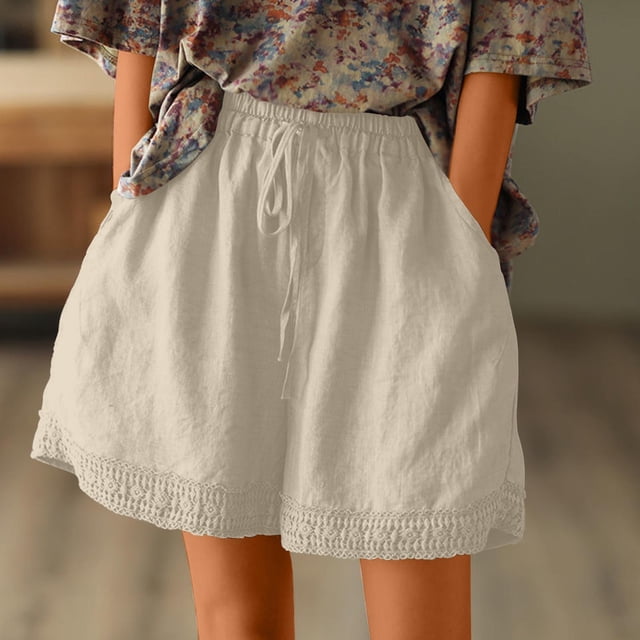 BRGZLK Womens Cotton Linen Shorts Summer Solid Color High Waist Elastic Waist Drawstring Short Pants for Walking Exercise Shorts with Pockets Fashion Lightweight 2025 White 3XL