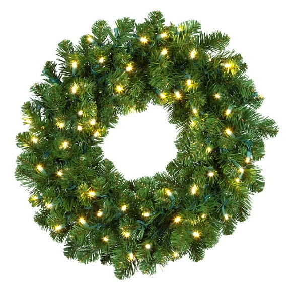 Red Sleigh Oregon Fir Commercial Grade Holiday Wreaths with Matching Christmas Garland Greenery (30" Wreath, Warm White LED Lights)