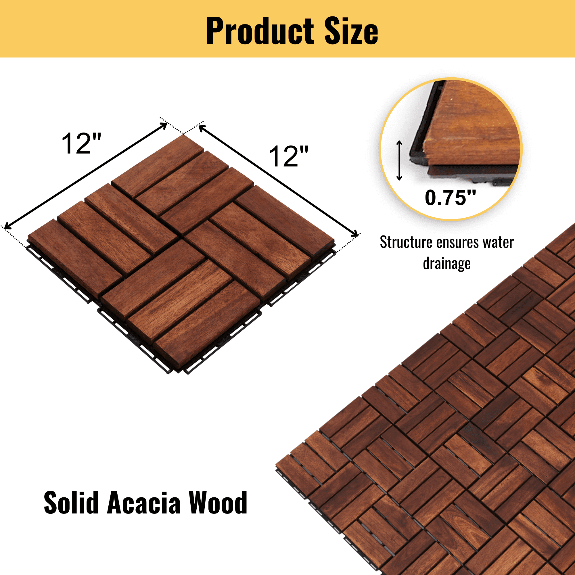 20-Pack Waterproof Interlocking Deck Tiles,12"x12" Plastic Patio Tiles for Indoor Outdoor Use,Patio Floor Decking Tiles for Garden Lawn Porch Poolside Balcony,Brown