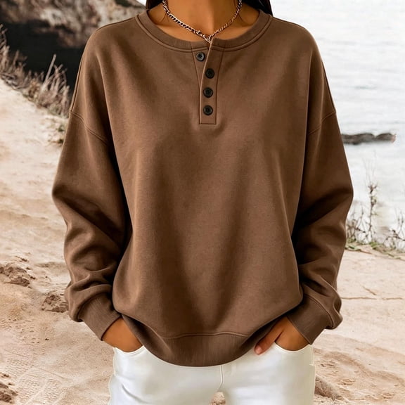 Womens Casual Sweaters Long Sleeve Button Down Crew Neck Pullover Tops Fall Winter Loose Clothes 2026 Brown XXL