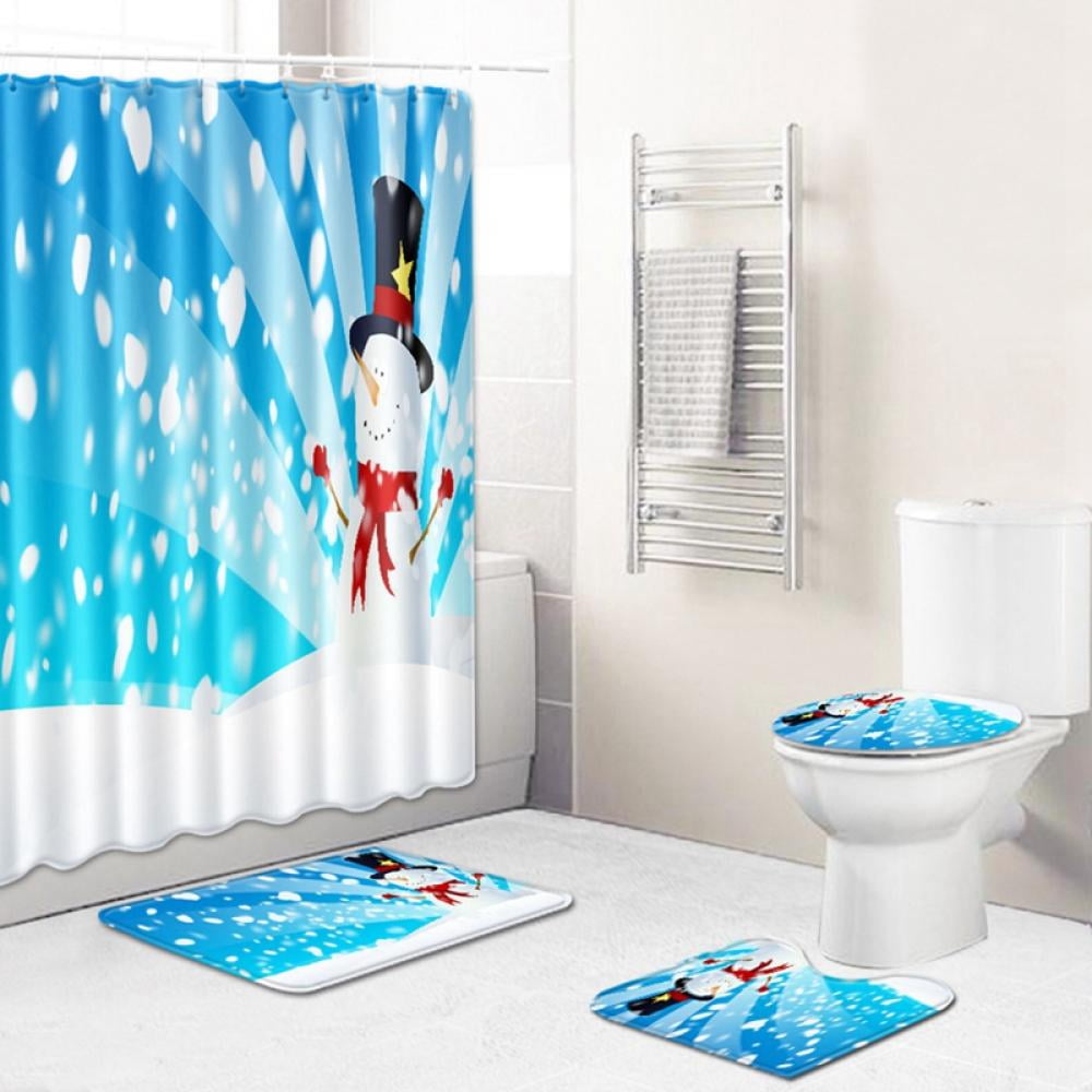 4Pcs Christmas Snowman Shower Curtain Sets Winter Blue Bathroom Set Decor with Non-Slip Rugs ...