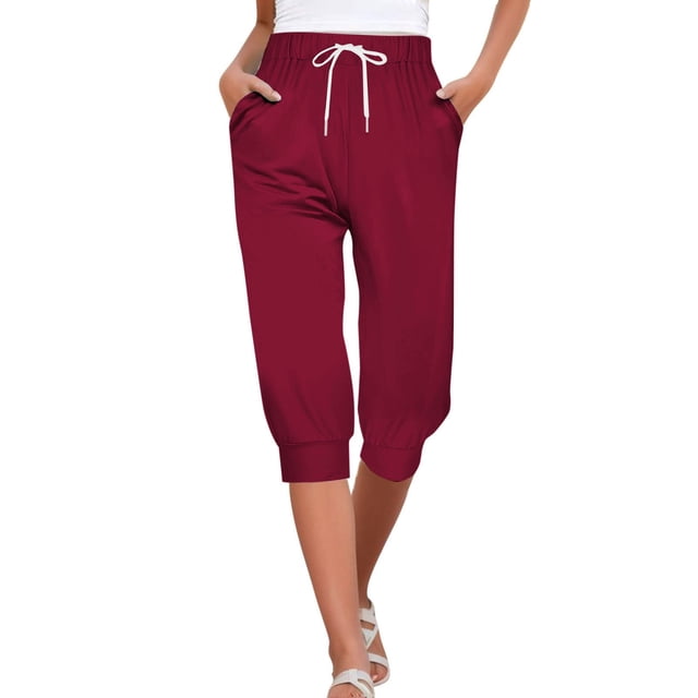 Lroveb Pantalons Capri pour Femmes avec Cordon de Serrage Pantalons d'Entraînement d'Été Shorts 2024 Taille Haute à Volants Ourlet Plissé Floral Pantalons Décontractés Rouge