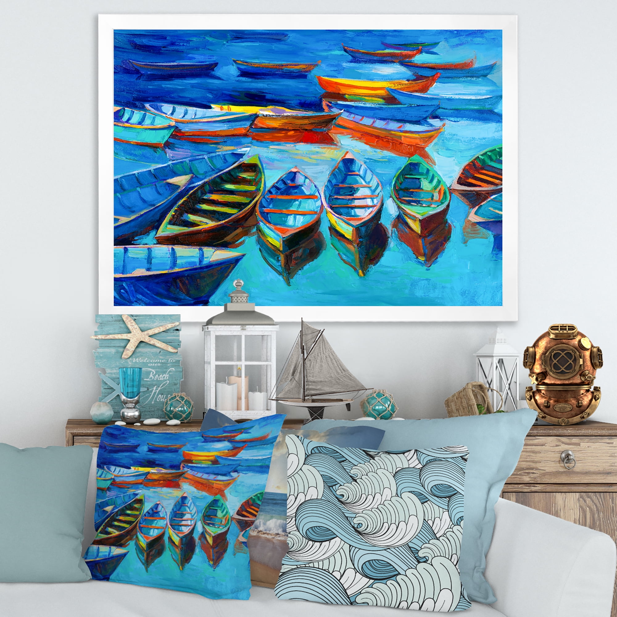Designart 'Little Boats Wating In The Blue Harbour' Nautical & Coastal Framed Art Print
