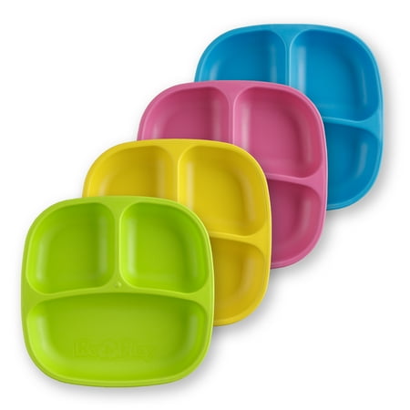 Re-Play Made in USA 4pk Divided Plates with Deep Sides for Easy Baby, Toddler, Child Feeding - Sky Blue, Bright Pink, Yellow, Lime (Easter+)