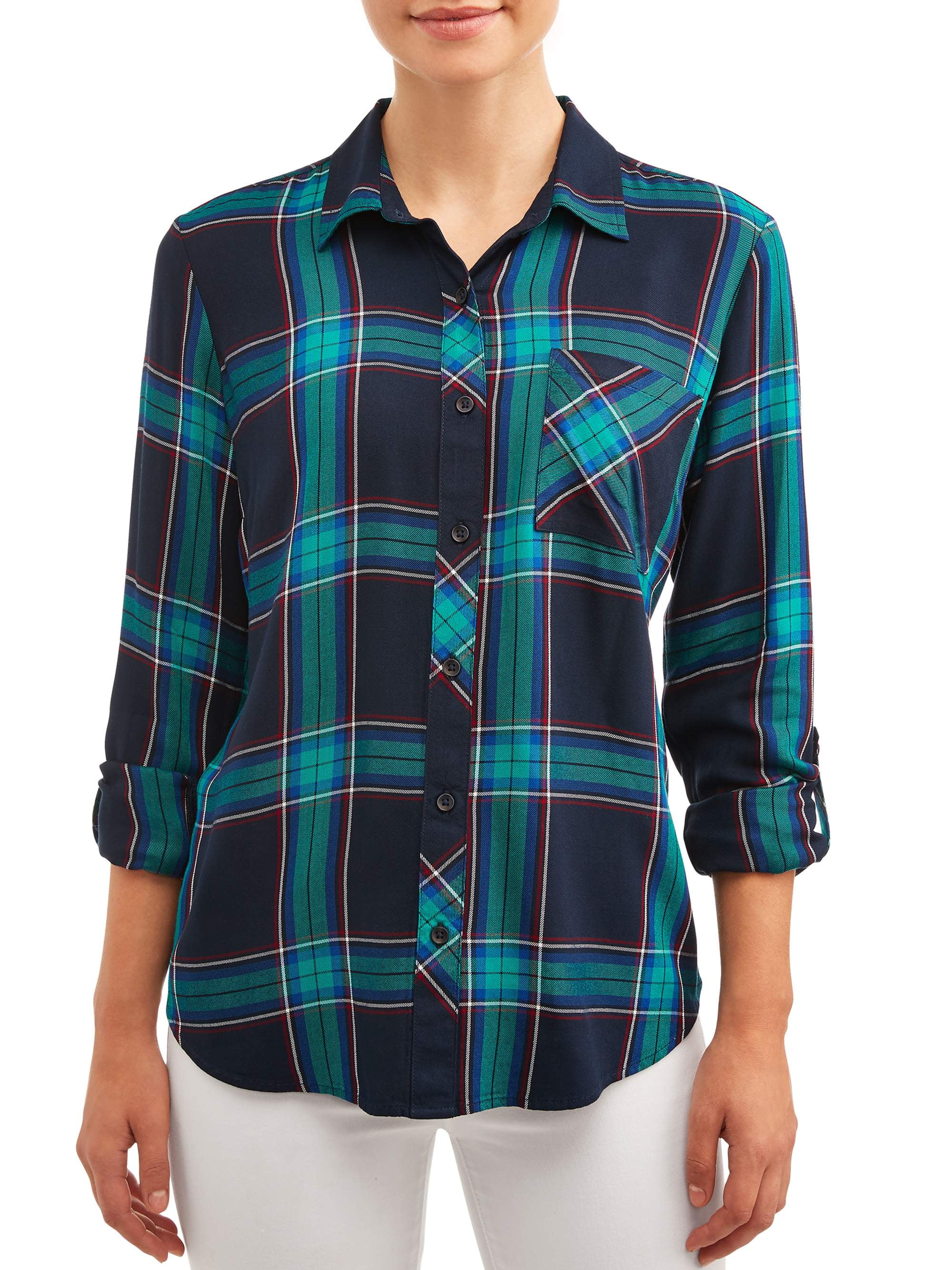 Time and Tru - Time and Tru Women's Button Front Plaid Top - Walmart ...