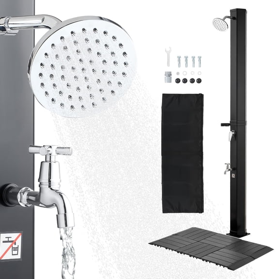 KFFKFF 9.2 Gal Solar Heated Outdoor Shower, 6.4ft Showerhead Height, Includes Floor Kit & Foot Faucet, Adjustable Hot and Cold Water, Freestanding Design for Backyard, Poolside, Beach, Black
