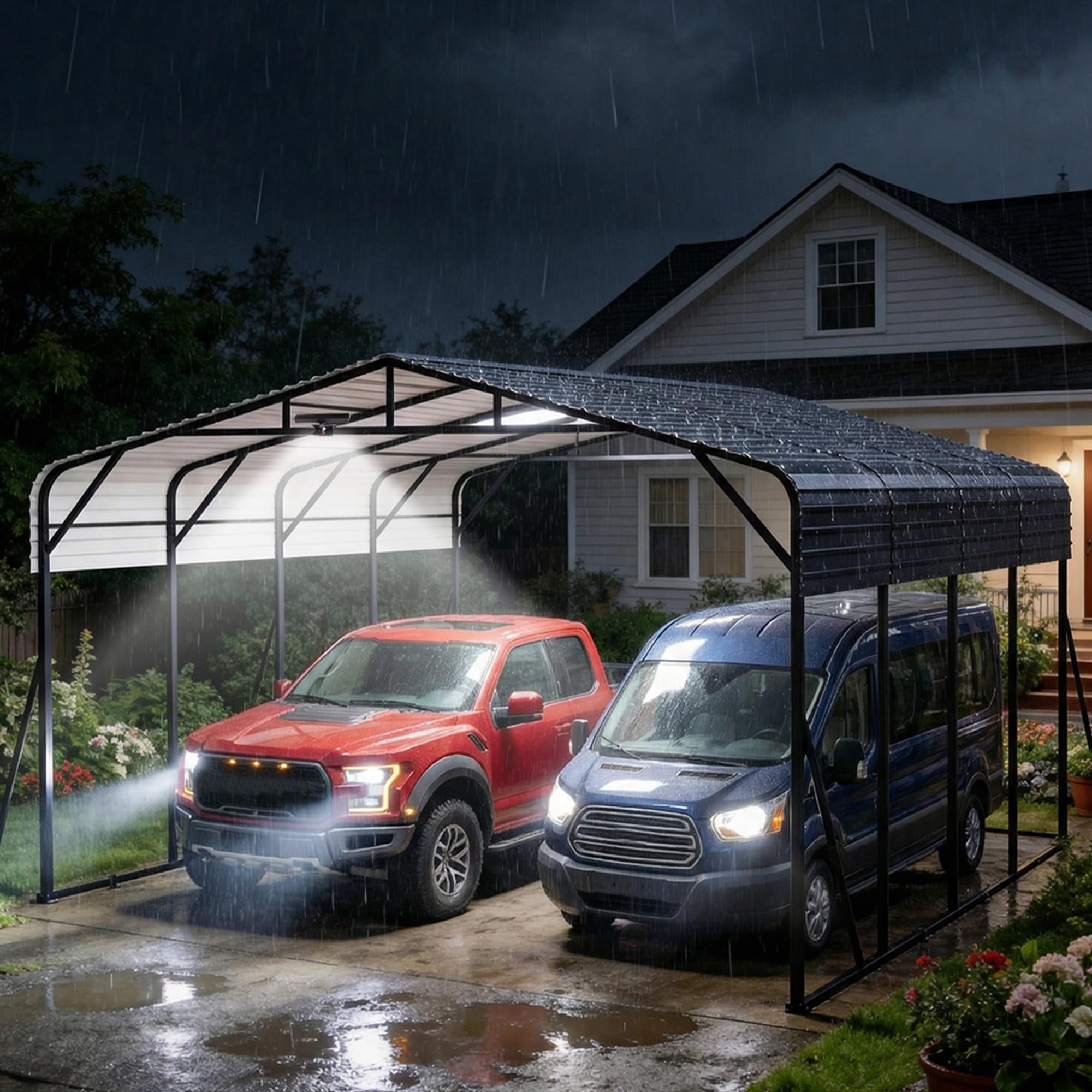 20x20FT Heavy Duty Metal Carport w/Led Light,Outdoor Portable Car Garage,Reinforced Base & Galvanized Steel Roof, Outdoor Car Port Canopy Shelter for Boats, Full-Sized Pickup Trucks