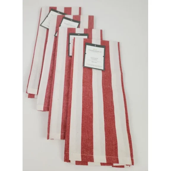 4X Threshold Kitchen Towel Red White Striped 100% Cotton 18X28"