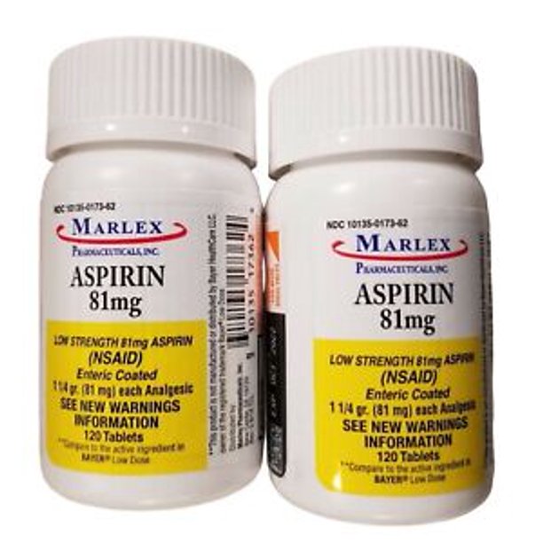 Low Dose "Baby" Aspirin 81mg Enteric Coated MARLEX 120 Tablets ( 2 pack