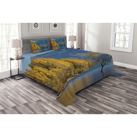 Ambesonne Nature Quilted Bedspread Set 3 Pcs, Sunken Tree Lake Rural, Queen Size, Earth Yellow Pale Blue