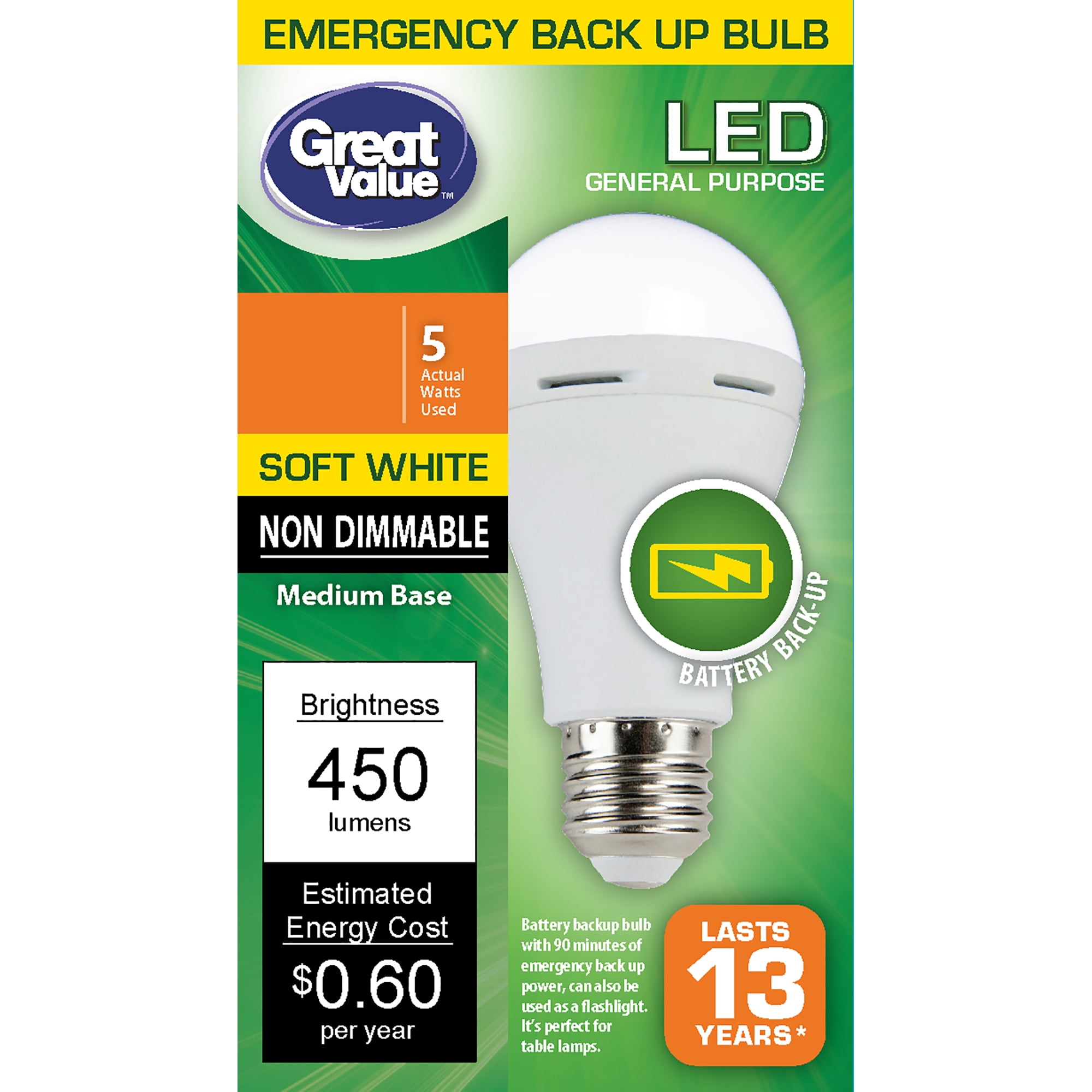 Great Value LED Light Bulb, 5W (40W Equivalent) A19 Battery Backup Lamp