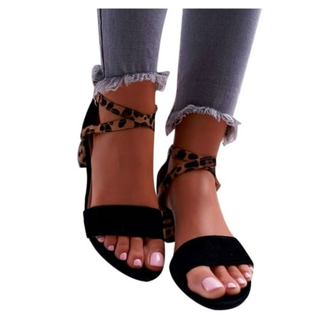 

Cathalem Leopard Print Heels for Women Sandal Sandals Fashion High Heels Women Breathable Strap Buckle Open Cowhide Sandals Women Black 7.5