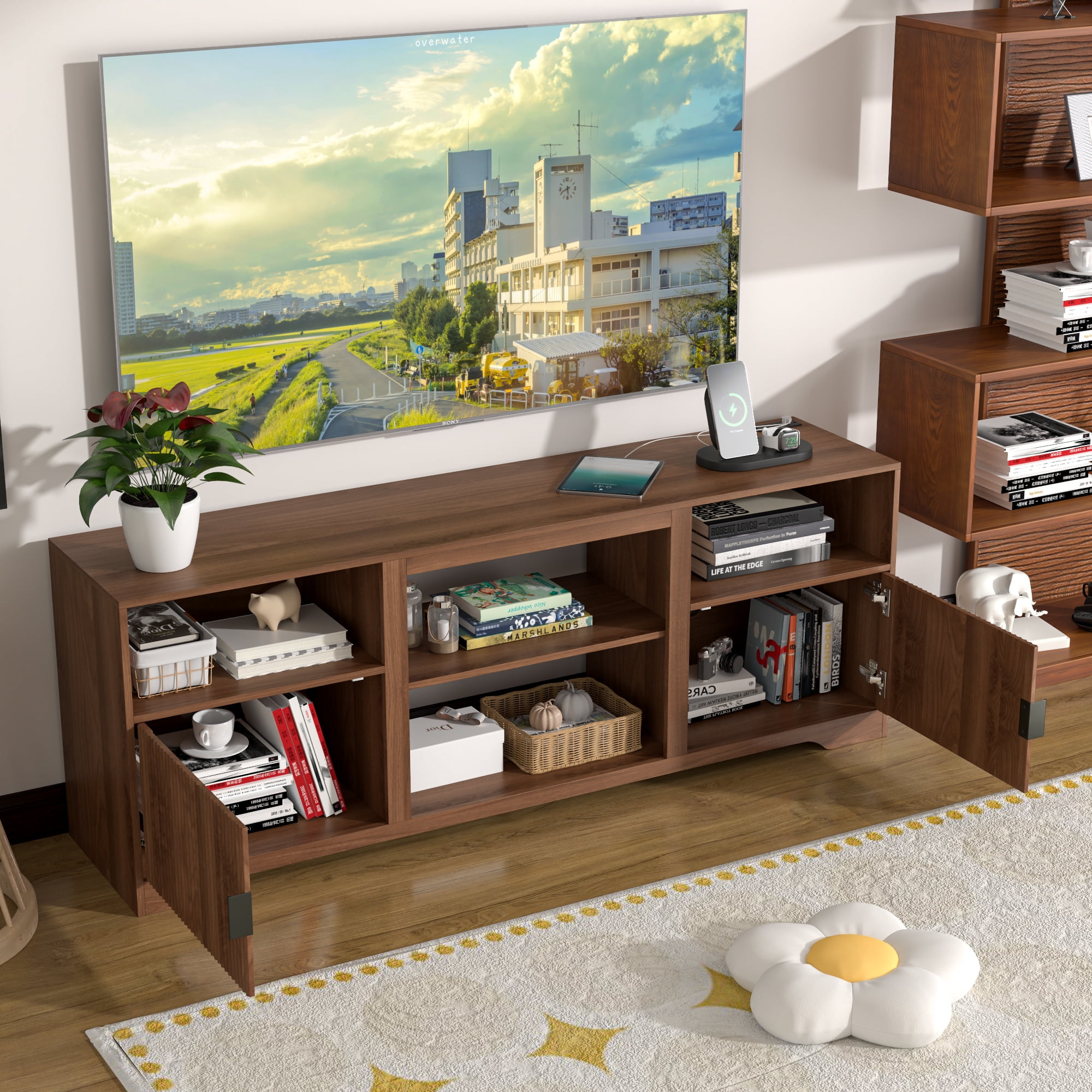 LUCKYELF Modern TV Stand for TVs up to 80", Entertainment Center with Storage, Media TV Console Table for Living Room, Bedroom, Walnut Color