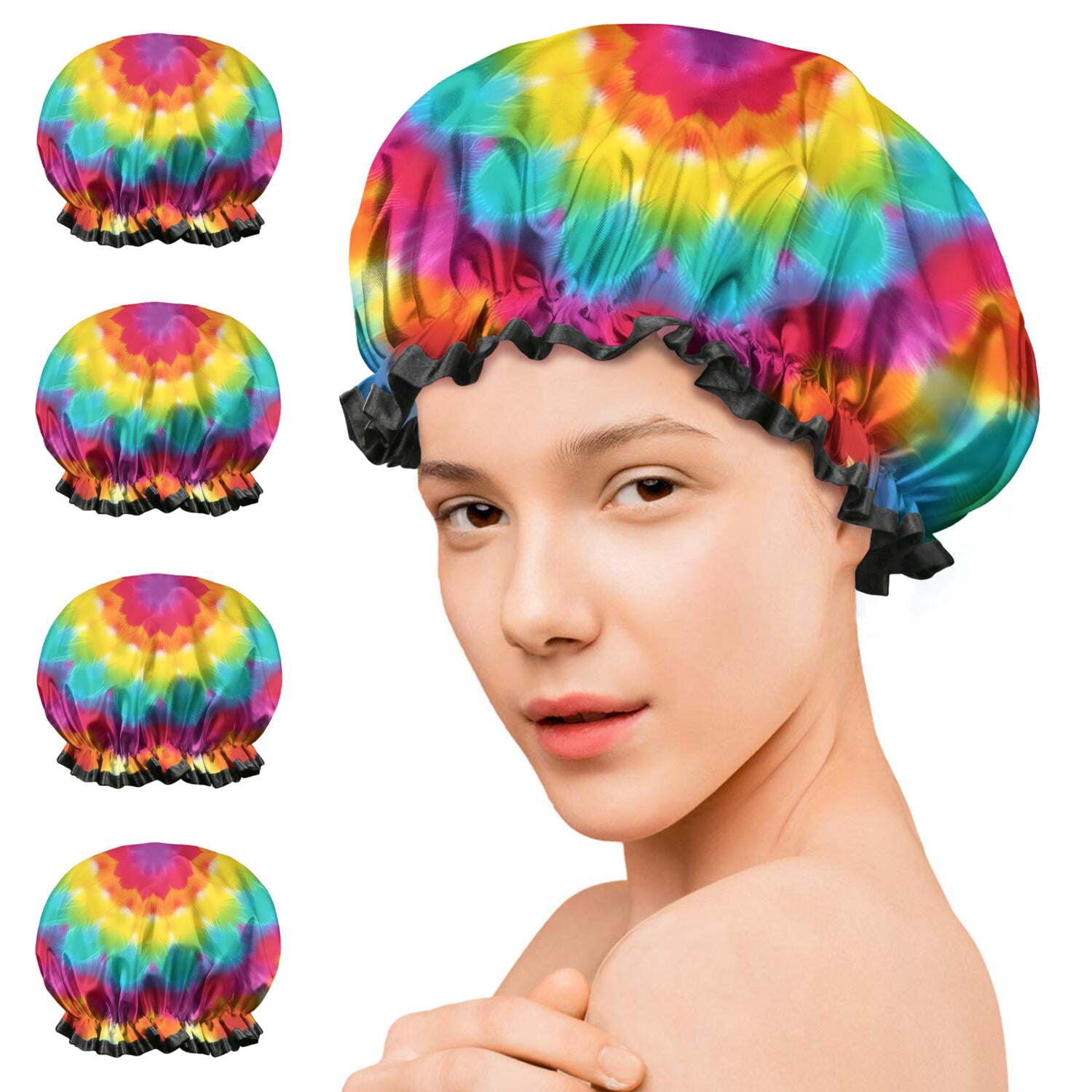 Shower Caps,Colorful Tie Dye Mandala Pattern Waterproof Shower Cap for Women 4 Pieces,Double Reusable Hair Cover for Shower PEVA Elastic Stretch Hem