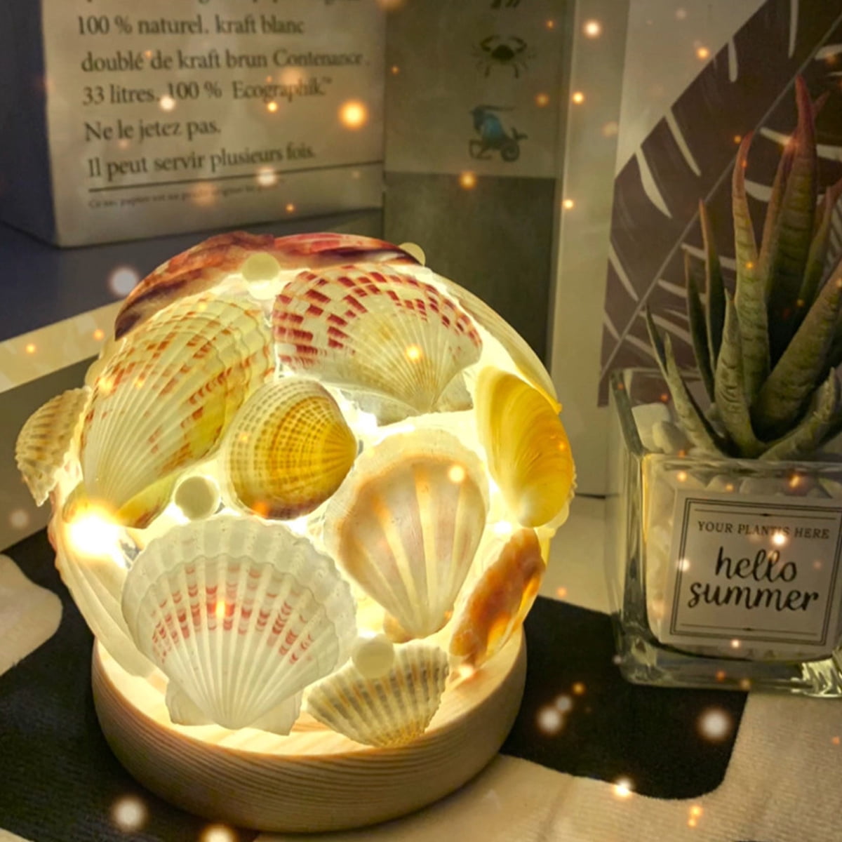 Handmade Sea Shell Night Light in Glass Dome with LED for Bedroom