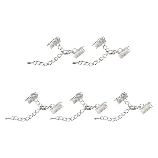 Unique Bargains 20Sets Ribbon Crimp Clamp Ends with Lobster Claw Clasps & Chain 13mm Silver Tone