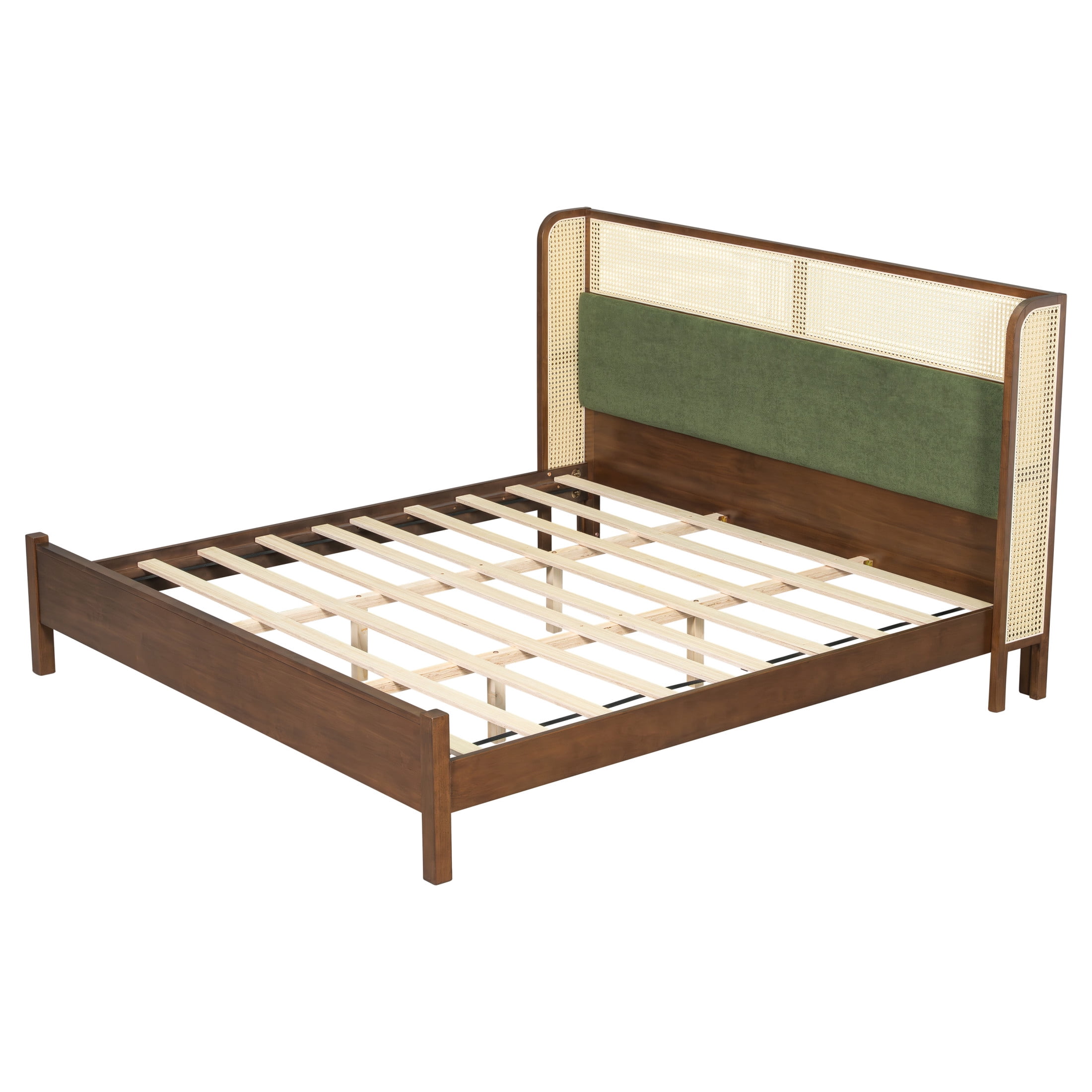 Christopher Knight Home King Size Bed Frame with Rattan Headboard, Contemporary Style, Green+Walnut