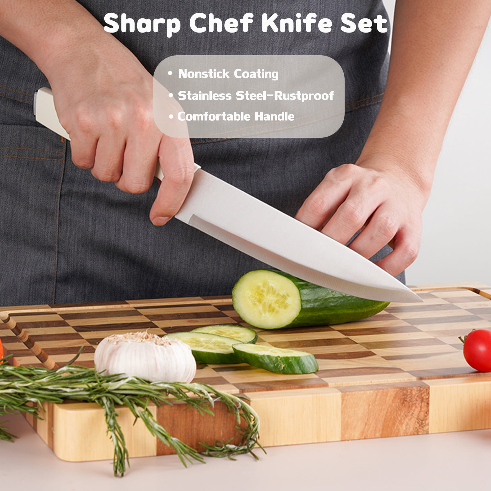 Kitchen Knife Block Set, 14-Piece Knife Set with Block and Sharpener, Sharp Stainless Steel Chef Knife Set for Kitchen Home Apartment Restaurant, White Knives Set Gifts for Women Mom