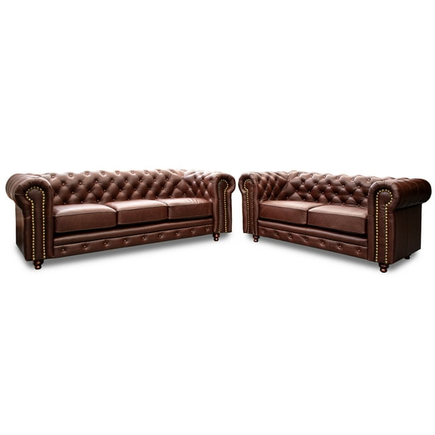 Sala de Piel Genuina Clásico 3-2, Sofá y Love Seat, 5 plazas, Modelo Chesterfield P/V, Color Tabaco, Elegante, cómodo y Clásico, Hecho en Mexico. Medidas: Sofa 220 x 90 x 80, Love 185 x 90 x 80 cm