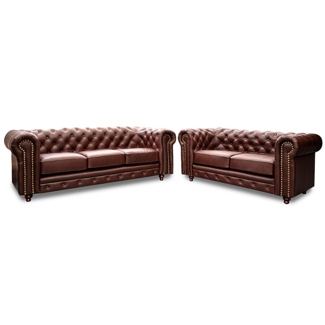 Sala de Piel Genuina Clásico 3-2, Sofá y Love Seat, 5 plazas, Modelo Chesterfield P/V, Color Tabaco, Elegante, cómodo y Clásico, Hecho en Mexico. Medidas: Sofa 220 x 90 x 80, Love 185 x 90 x 80 cm