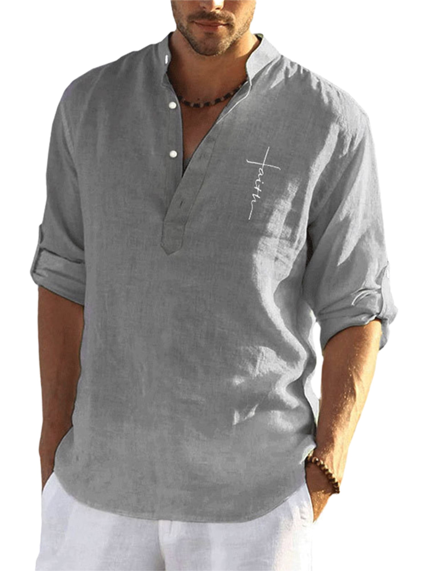 Mens Linen 3/4 Sleeve Henley Shirts Cotton Loose Casual Summer Beach T Shirt Tops 