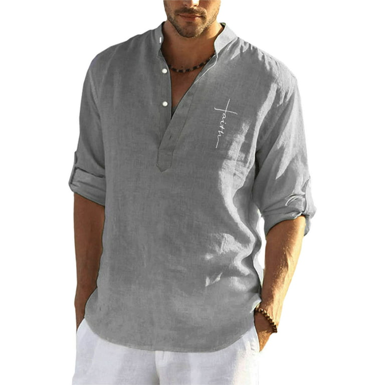 Frontwork Summer Beach Henley Linen Shirt Long Sleeve Loose Casual Roll Up Tops 3/4 Sleeve Solid T-Shirt -