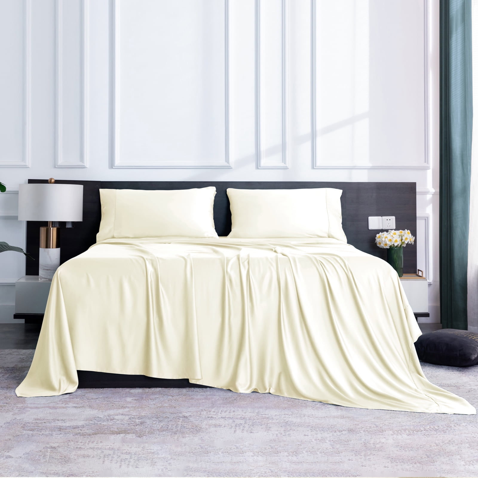 Lidoloka Luxury Bamboo Bed Sheets Set King 4 Pcs for Adult,Soft&Cool,16" Deep Pocket,Cream White