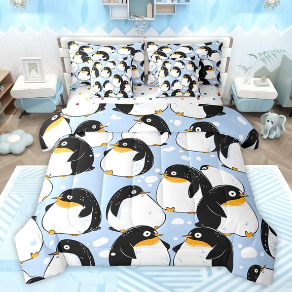 jejeloiu Cute Cartoon Penguin 7-Piece Twin Bedding Sets,Ntarctic Wild Animal Bedding Comforter Set,White Blue Black Sheet Sets For Girls Boys,Microfiber Bedroom Decor Reversible