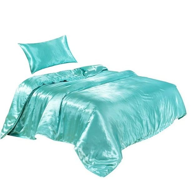Funda de edredón Funda nórdica de seda artificial Cremallera Funda de almohada para dormir Juego de cama, Doble, 168x229cm, Azul lago Methold HA003632-16