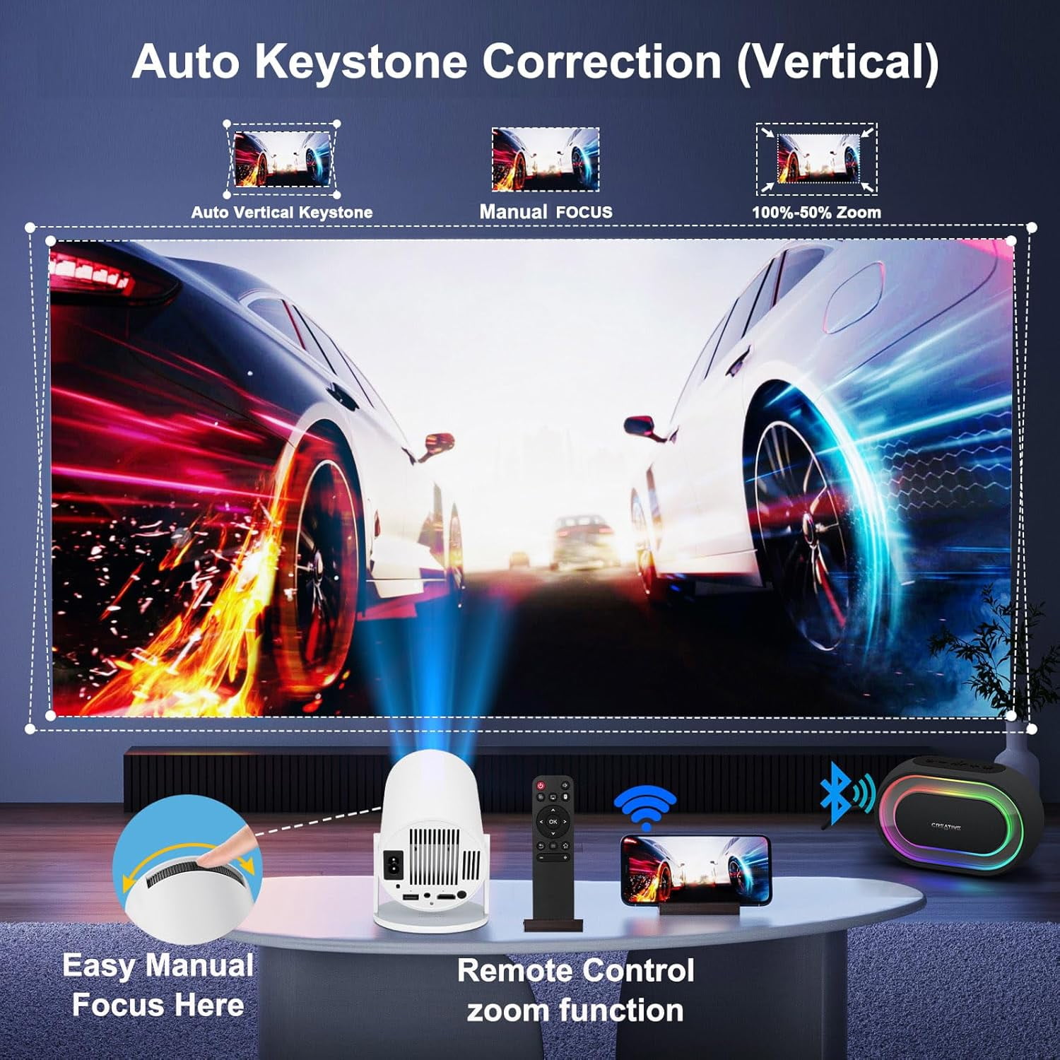 Projector with WiFi , HY300 pro 4K Decoding Android Auto  Portable Outdoor Home Movie Video Projector Compatible with Phone Laptop  TV