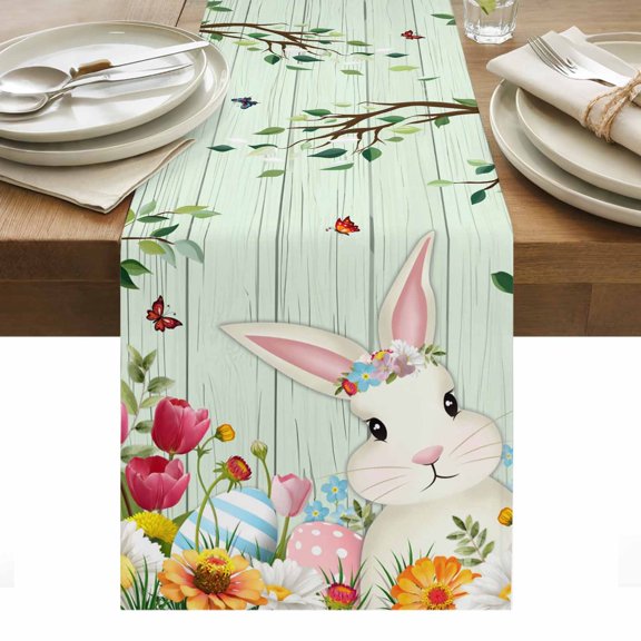Easter Table Runner - 90 Inch Long, Kitchen Dining Table Runner Dresser Scarves, Spring Watercolor Bunny Eggs Tulip Wooden Grain Teal Farmhouse Decor for Coffee Tables Wedding Party Banquet