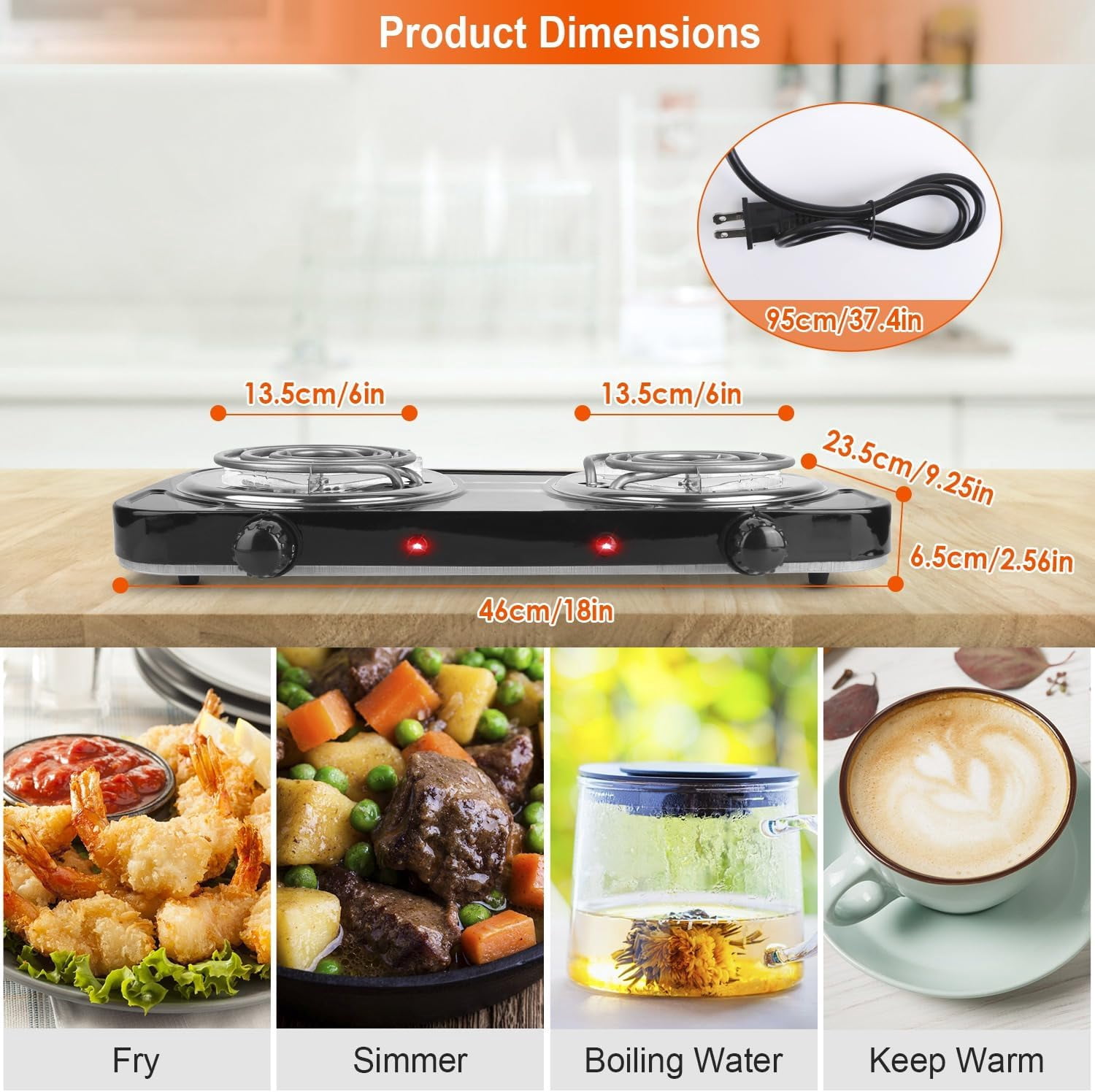 2000W Electric Double Burner Coil Stove-Portable Hot Plate Electric for Cooking, Countertop RV Hotplate with Non-Slip Rubber Feet and 5 Temperature Adjustments