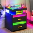 thumbnail image 3 of HNEBC RGB LED Night Stand with Wireless Charging Station, Modern Bedside Table with Human Body Sensor Light, Smart Nightstand with Glass Panel for Bedroom Furniture, Remote Control Lighting (Black), 3 of 18