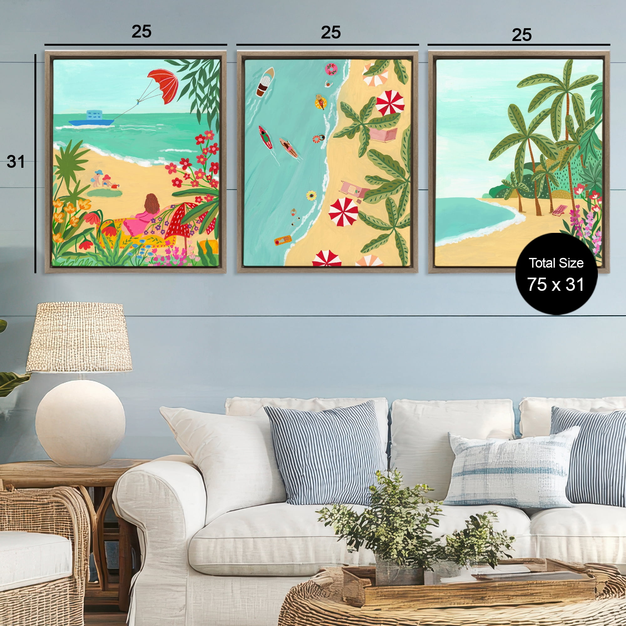 Busy Beach And Flowers 3 Piece Brown Framed Floater Canvas Set, design by Nabeela Rumi