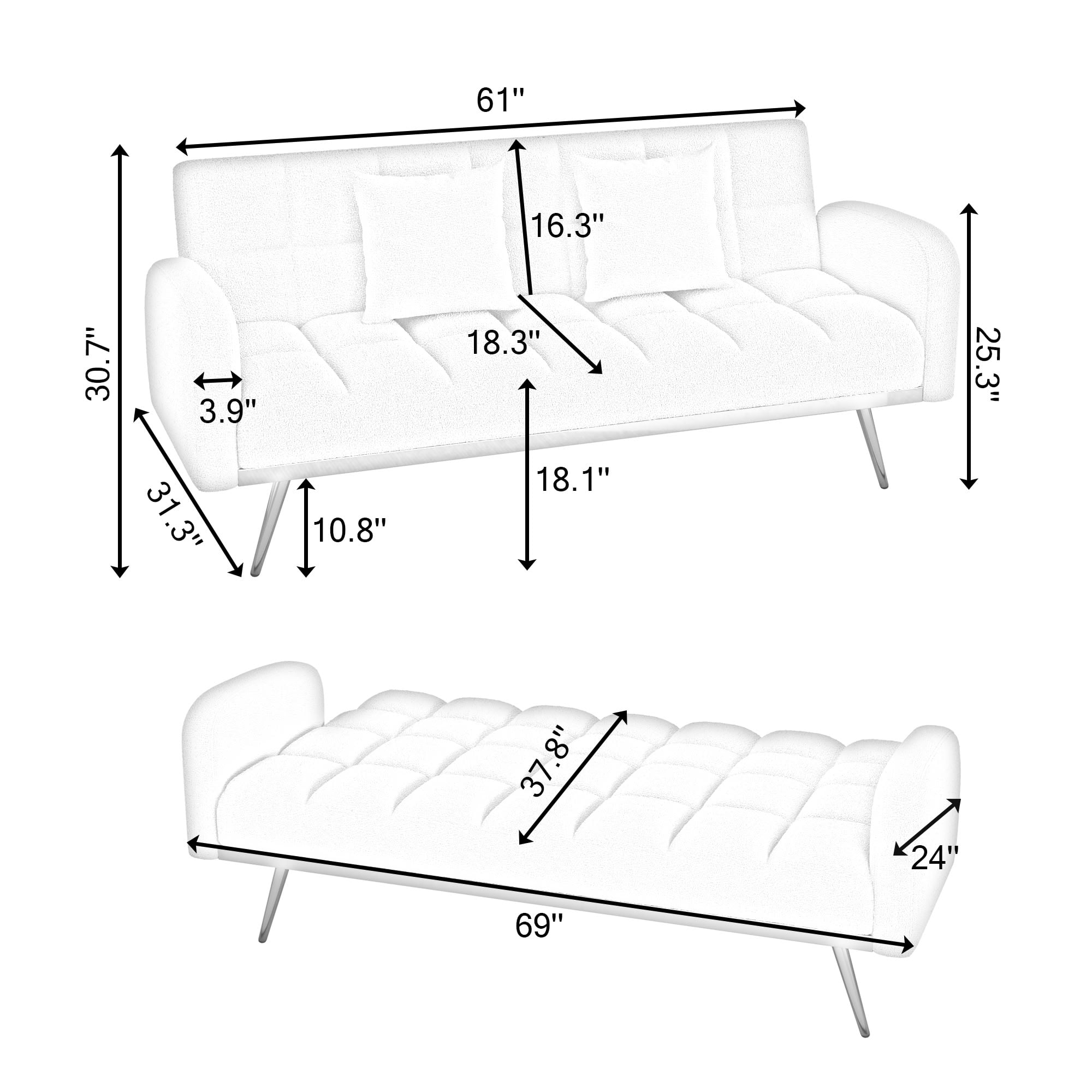 MAYEERTY Compact Sofa Bed, Teddy Fabric Loveseat, Convertible Guest Bed for Space-Saving Bedroom Nooks, Grey