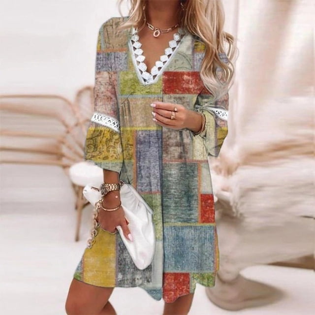 2023 Spring Oversize Print A-line Women's Dress Elegant Pleated Long Sleeve Casual Dresses Female Fashion Beach Ladies Clothes4XL Gao Jinjia LED