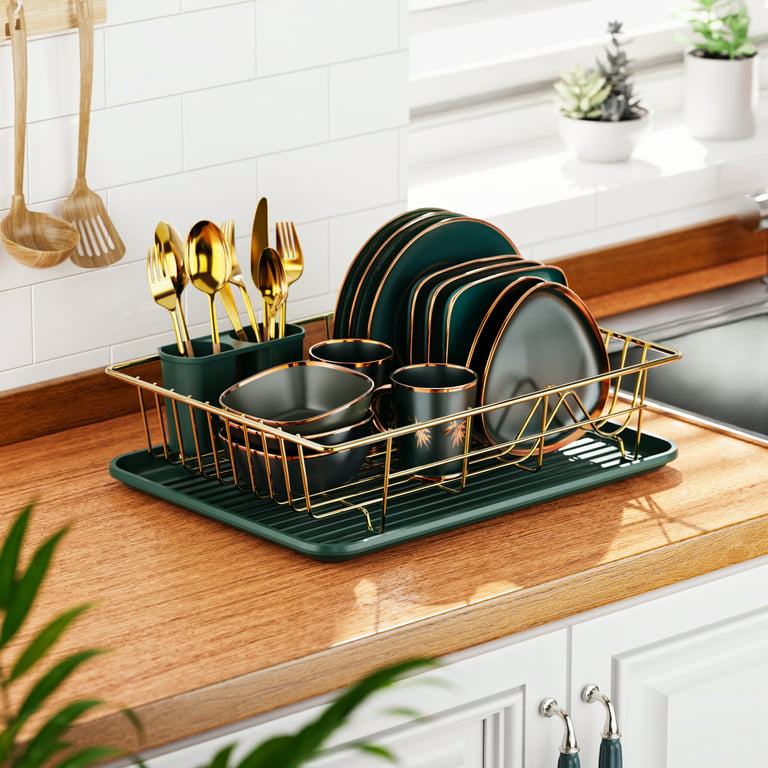 Dish Drying Rack, iSPECLE Dish Drainer with Tray Utensil Cup, for Small  Household Kitchen Counter Cabinet, Dark Green 