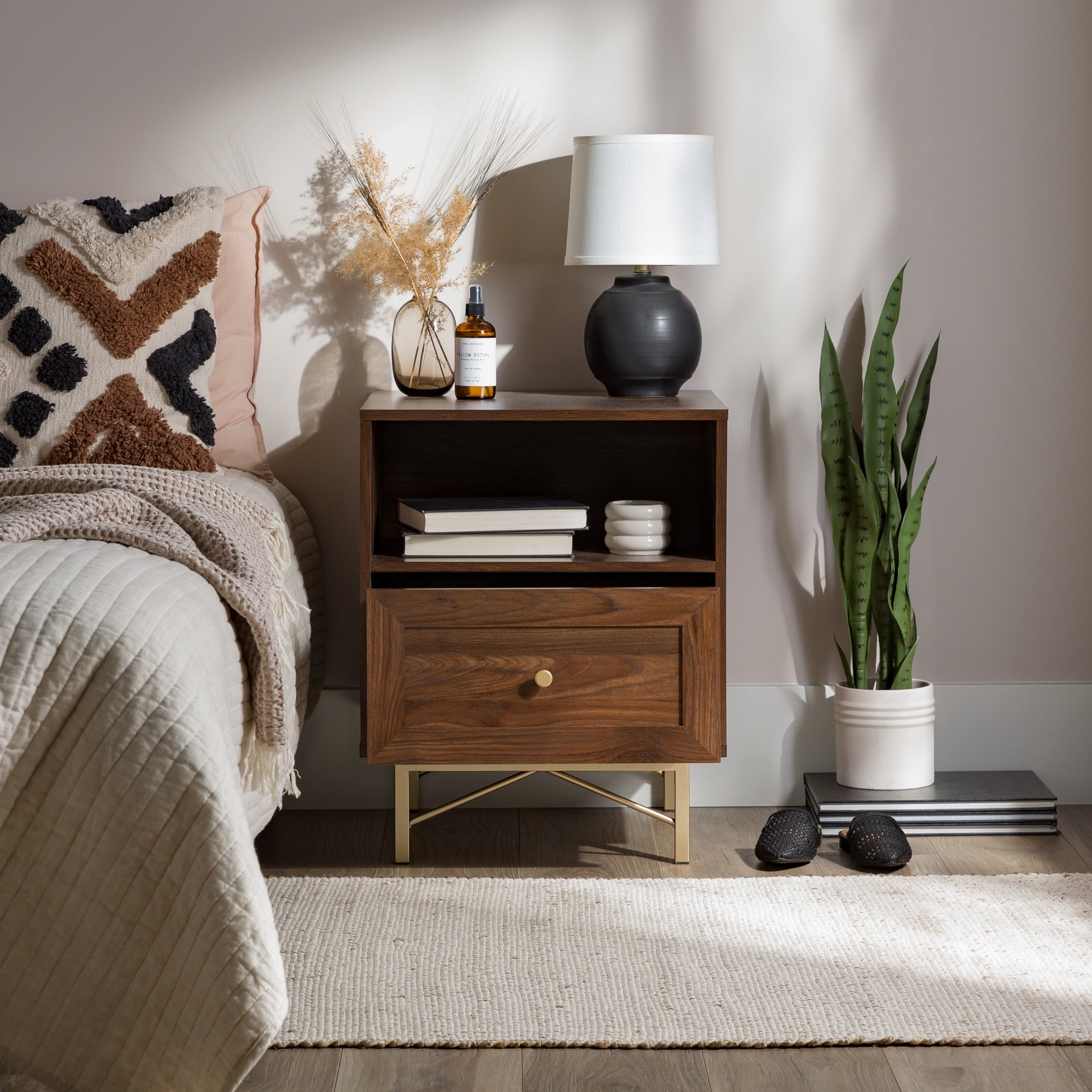 Walker Edison Modern Single Drawer Nightstand, Dark Walnut