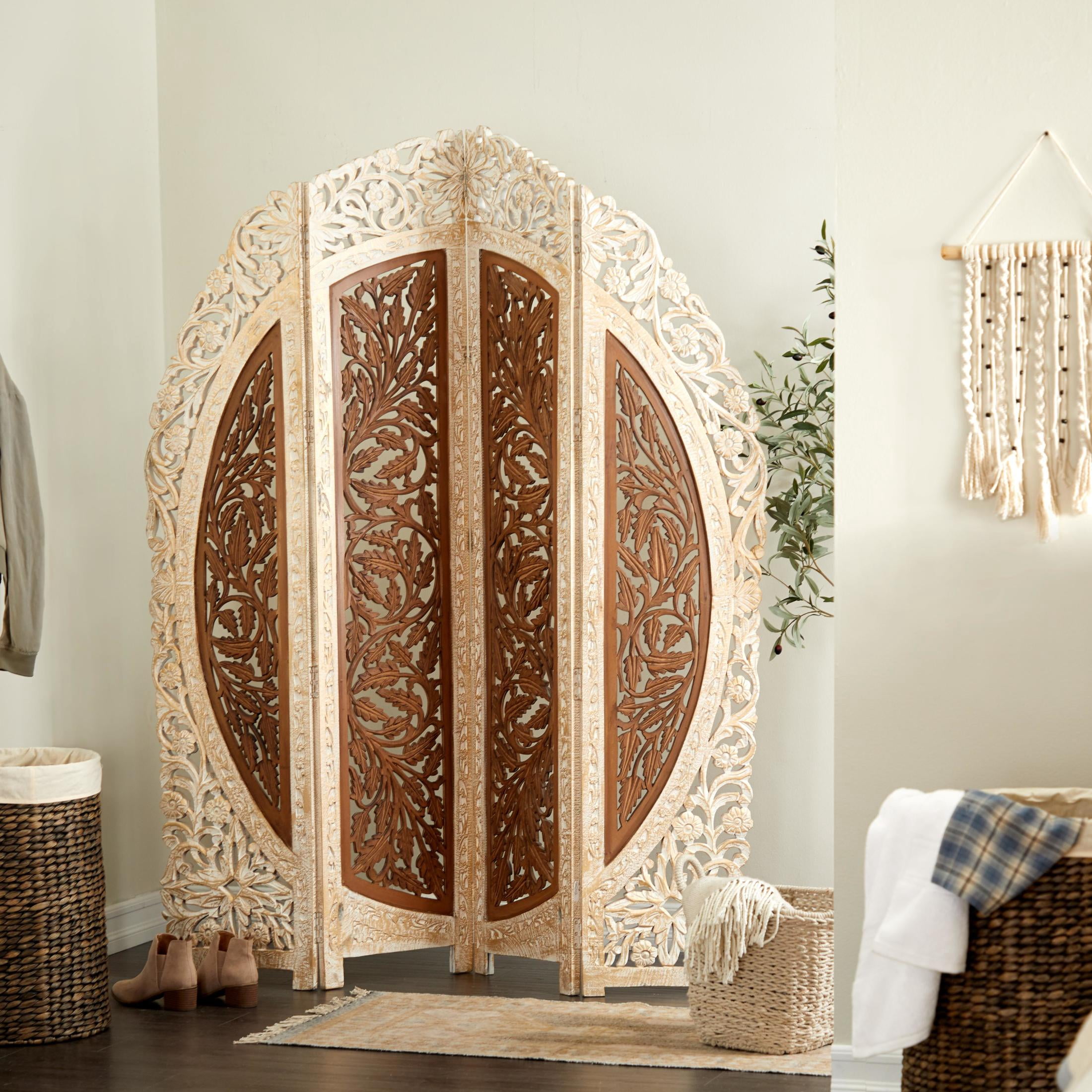 DecMode French Country Wood Foldable 4 Panel Room Divider Screen with Floral Carvings and Brown/White Distressed Finish, 62"W x 72"H
