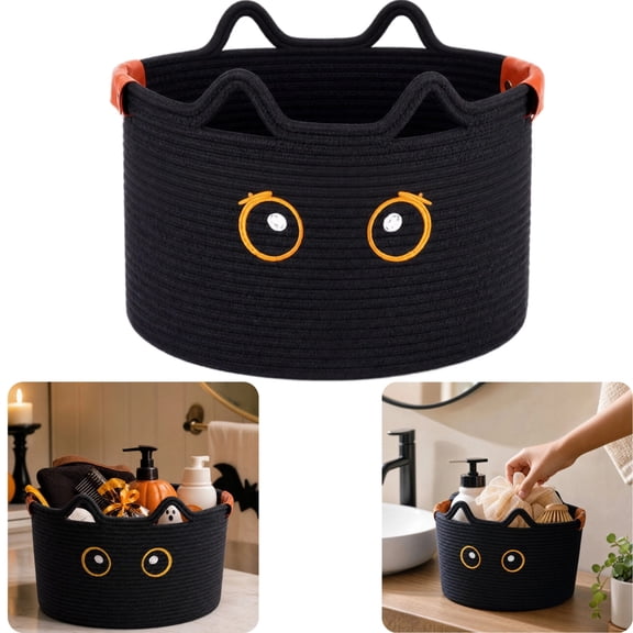 Small Storage Basket Cute Cat Toy Basket Cotton Rope Handwoven Bin With Decorative Ear Design For Baby Toys Pet Supplies Shelf Organization And Halloween Basket Decor,C